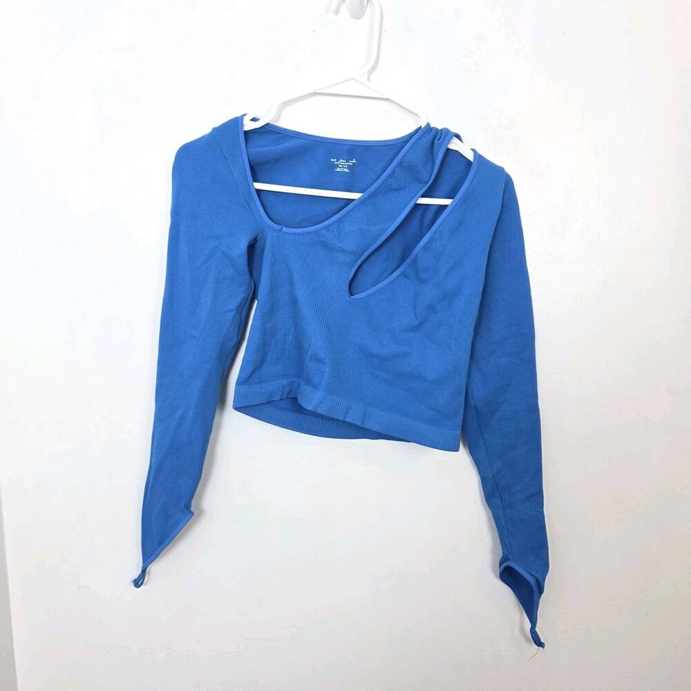 Out From Under Urban Outfitters Blue Long Sleeve Cut Outs Cropped Top Size Small